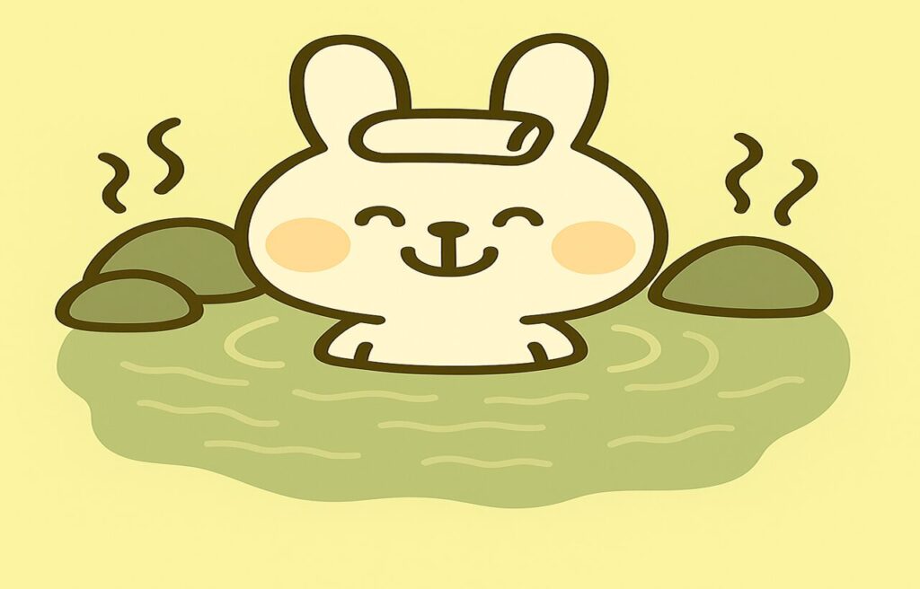 温泉にゆったりと浸かって笑顔を見せる、タオルを頭に乗せた白いうさぎキャラクター（みどりん）。背景には湯気が立ち上る岩風呂が描かれている、癒し系のイラスト。